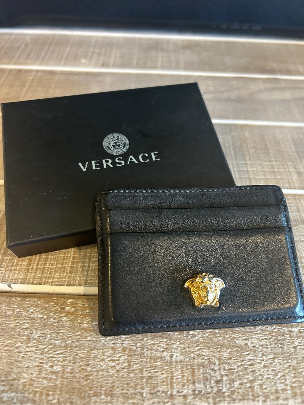 Versace Black Leather Card Case with Gold Medusa Badge